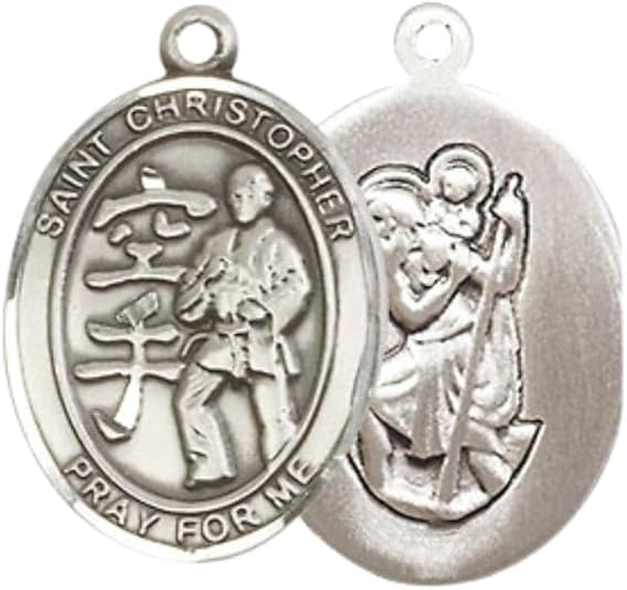 Everlasting Light Jewelry Medium Women's .925 Sterling Silver Saint St. Christopher Karate Pendant Necklace on 18- Inch Rhodium- Plated Lite Curb Brass Chain, Catholic Medal, Velvet Gift Box Included
