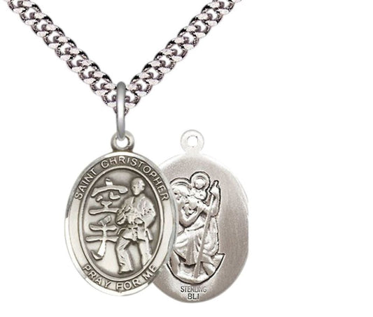 Medium Men's .925 Sterling Silver Saint St. Christopher Karate Medal Pendant on 24 Inch Endless Rhodium Plated Heavy Curb Brass Chain, Catholic Religious Necklace - Made in USA- Deluxe Velvet Gift Box