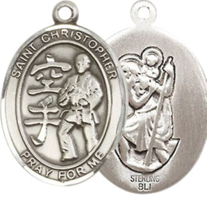 Mens Medium Oval Pewter Saint St. Christopher Karate Medal Pendant on 24 Inch Rhodium Plated Heavy Curb Brass Chain w/ Lobster Claw Clasp, Catholic Religious Necklace - Made in USA- Velvet Gift Box