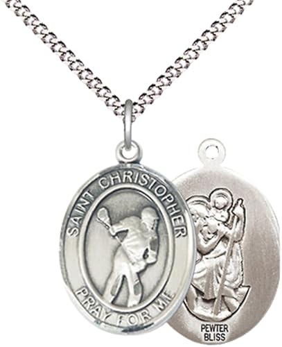 Medium Women's Pewter Saint Christopher Lacrosse Pendant Necklace on 18-inch Rhodium-Plated Lite Curb Brass Chain – 3/4-inch Medal with Lobster Claw Clasp – Velvet Gift Box Included