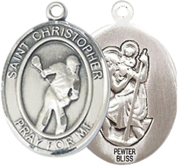 Medium Men's Pewter Saint St. Christopher Lacrosse Medal Pendant on 24 Inch Endless Rhodium Plated Heavy Curb Brass Chain, Catholic Religious Necklace - Made in USA- Deluxe Velvet Gift Box