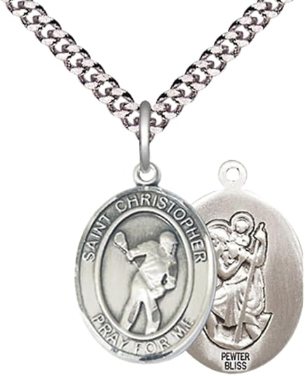 Medium Men's Pewter Saint St. Christopher Lacrosse Medal Pendant on 24 Inch Endless Rhodium Plated Heavy Curb Brass Chain, Catholic Religious Necklace - Made in USA- Deluxe Velvet Gift Box