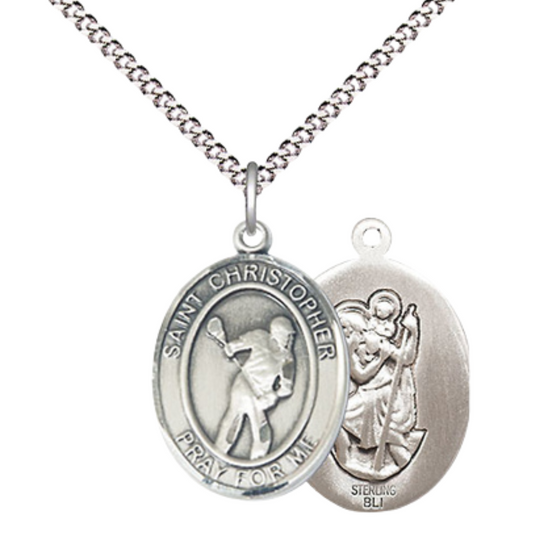 Everlasting Light Jewelry Medium Women's .925 Sterling Silver Saint St. Christopher Lacrosse Pendant Necklace on 18- Inch Rhodium- Plated Lite Curb Brass Chain, Catholic Medal, Velvet Gift Box Included