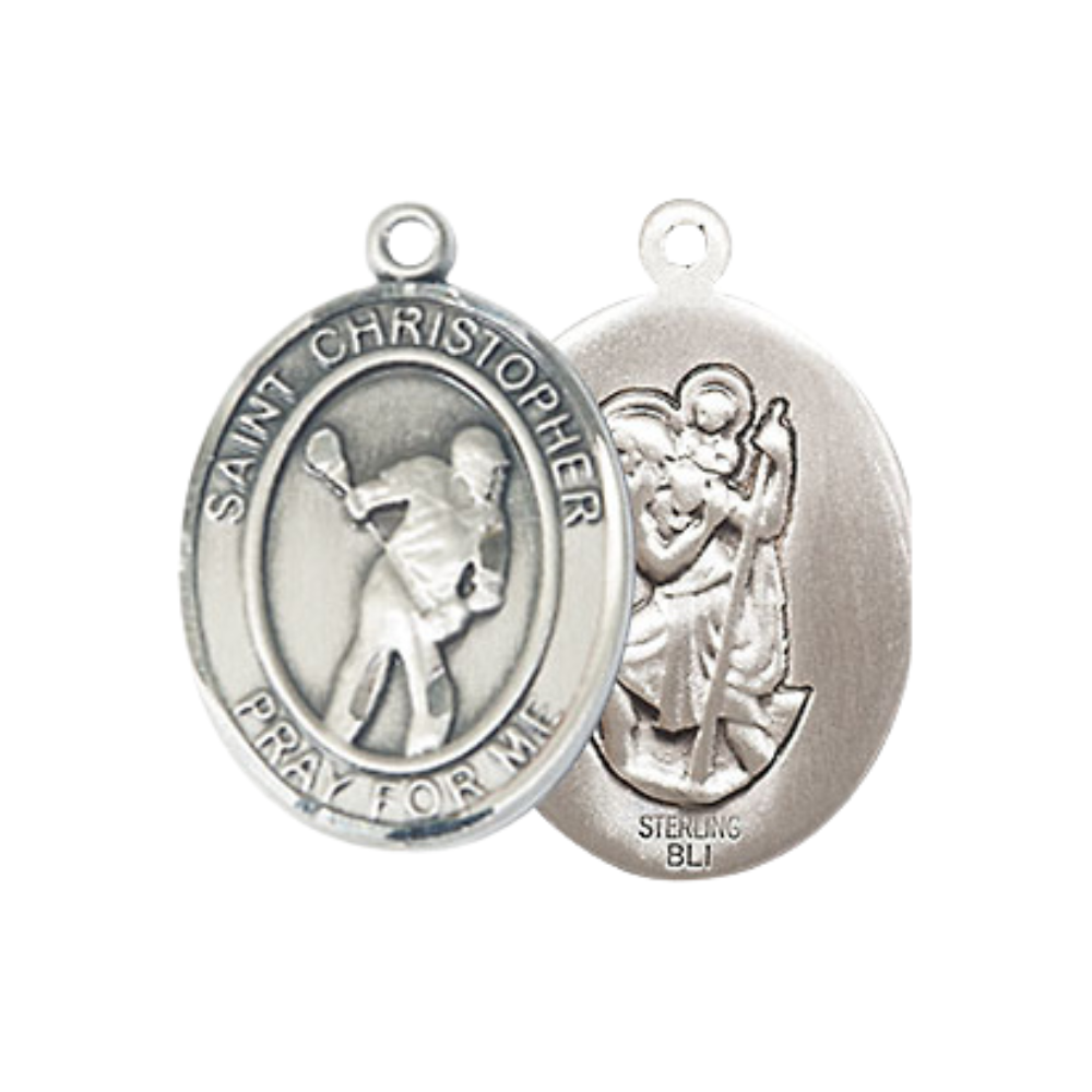 Everlasting Light Jewelry Medium Women's .925 Sterling Silver Saint St. Christopher Lacrosse Pendant Necklace on 18- Inch Rhodium- Plated Lite Curb Brass Chain, Catholic Medal, Velvet Gift Box Included