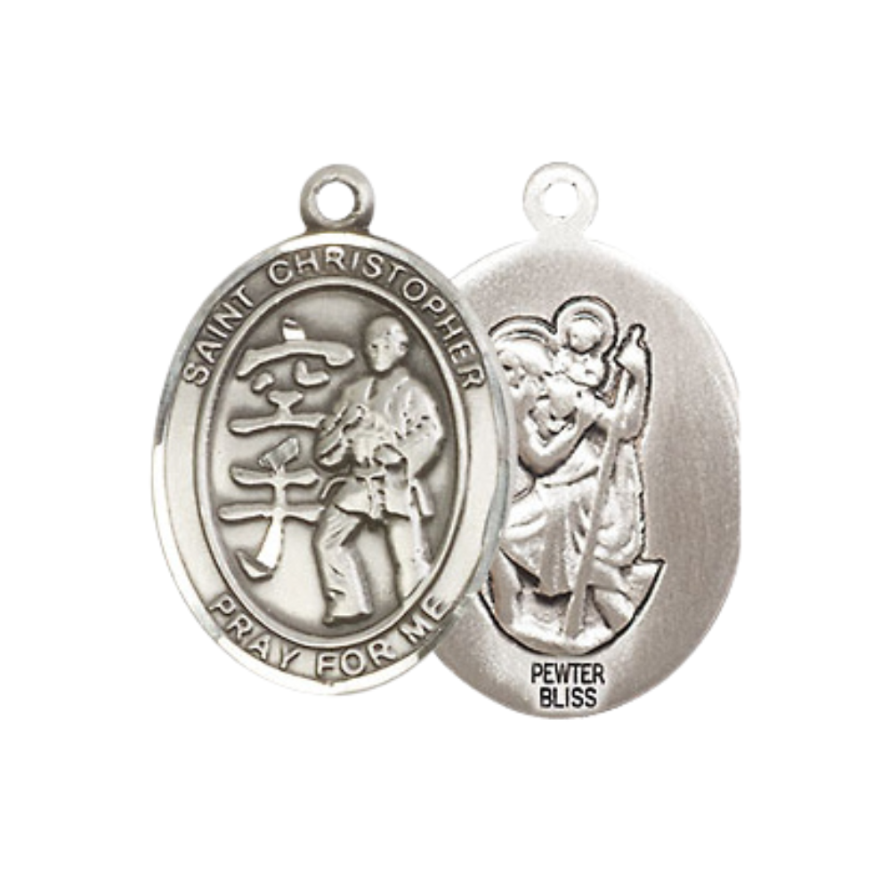 Medium Mens Oval .925 Sterling Silver Saint St. Christopher Lacrosse Medal Pendant on 24 Inch Rhodium Plated Heavy Curb Brass Chain w/ Lobster Claw Clasp, Catholic Religious Necklace - Made in USA- Gift Boxed