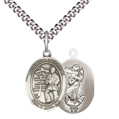 Medium Men's .925 Sterling Silver Saint St. Christopher Lacrosse Medal Pendant on 24 Inch Endless Rhodium Plated Heavy Curb Brass Chain, Catholic Religious Necklace - Made in USA- Deluxe Velvet Gift Box