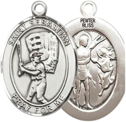 Everlasting Light Jewelry Medium Women's Pewter Saint St. Sebastian Baseball Pendant Necklace on 18- inch Rhodium- Plated Lite Curb Brass Chain – 3/4- inch Medal with Lobster Claw Clasp, Catholic Medal – Velvet Gift Box Included