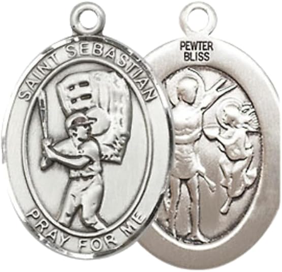 Everlasting Light Jewelry Medium Women's Pewter Saint St. Sebastian Baseball Pendant Necklace on 18- inch Rhodium- Plated Lite Curb Brass Chain – 3/4- inch Medal with Lobster Claw Clasp, Catholic Medal – Velvet Gift Box Included