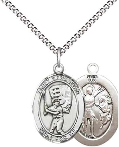Everlasting Light Jewelry Medium Women's Pewter Saint St. Sebastian Baseball Pendant Necklace on 18- inch Rhodium- Plated Lite Curb Brass Chain – 3/4- inch Medal with Lobster Claw Clasp, Catholic Medal – Velvet Gift Box Included