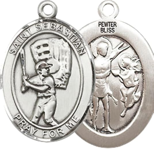 Medium Men's Pewter Saint St. Sebastian Baseball Medal Pendant on 24 Inch Endless Rhodium Plated Heavy Curb Brass Chain, Catholic Religious Necklace - Made in USA- Deluxe Velvet Gift Box
