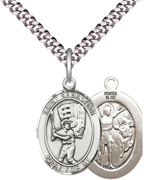 Medium Men's Pewter Saint St. Sebastian Baseball Medal Pendant on 24 Inch Endless Rhodium Plated Heavy Curb Brass Chain, Catholic Religious Necklace - Made in USA- Deluxe Velvet Gift Box