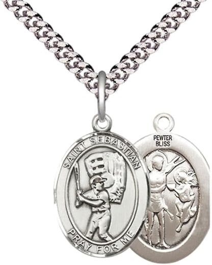 Medium Men's Pewter Saint St. Sebastian Baseball Medal Pendant on 24 Inch Endless Rhodium Plated Heavy Curb Brass Chain, Catholic Religious Necklace - Made in USA- Deluxe Velvet Gift Box