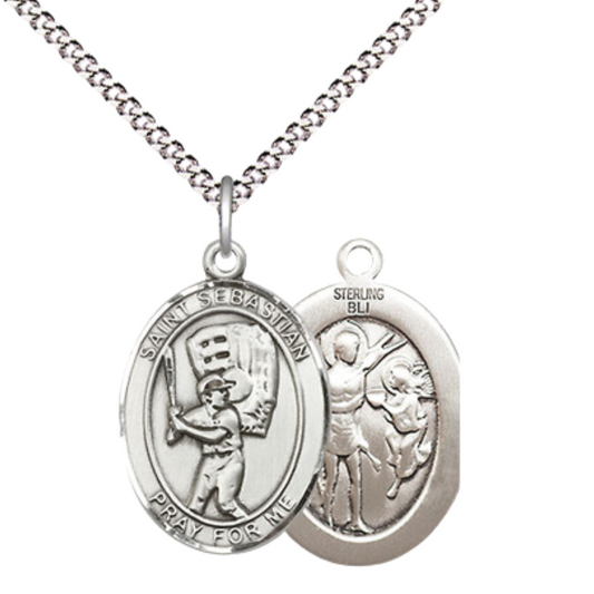 Everlasting Light Jewelry Medium Women's .925 Sterling Silver Saint St. Sebastian Baseball Pendant Necklace on 18- Inch Rhodium- Plated Lite Curb Brass Chain, Catholic Medal, Velvet Gift Box Included