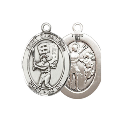 Everlasting Light Jewelry Medium Women's .925 Sterling Silver Saint St. Sebastian Baseball Pendant Necklace on 18- Inch Rhodium- Plated Lite Curb Brass Chain, Catholic Medal, Velvet Gift Box Included