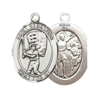 Medium Mens Oval .925 Sterling Silver Saint St. Sebastian Baseball Medal Pendant on 24 Inch Rhodium Plated Heavy Curb Brass Chain w/ Lobster Claw Clasp, Catholic Religious Necklace - Made in USA- Velvet Gift Box