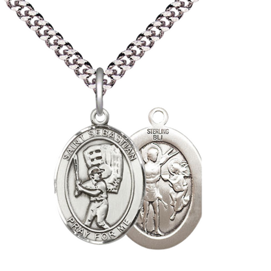 Medium Men's .925 Sterling Silver Saint St. Sebastian Baseball Medal Pendant on 24 Inch Endless Rhodium Plated Heavy Curb Brass Chain, Catholic Religious Necklace - Made in USA- Deluxe Velvet Gift Box