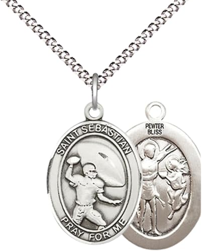Everlasting Light Jewelry Medium Women's Pewter Saint St. Sebastian Football Pendant Necklace on 18- inch Rhodium- Plated Lite Curb Brass Chain – 3/4- inch Medal with Lobster Claw Clasp, Catholic Medal – Velvet Gift Box Included