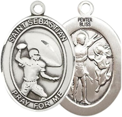 Everlasting Light Jewelry Medium Women's Pewter Saint St. Sebastian Football Pendant Necklace on 18- inch Rhodium- Plated Lite Curb Brass Chain – 3/4- inch Medal with Lobster Claw Clasp, Catholic Medal – Velvet Gift Box Included