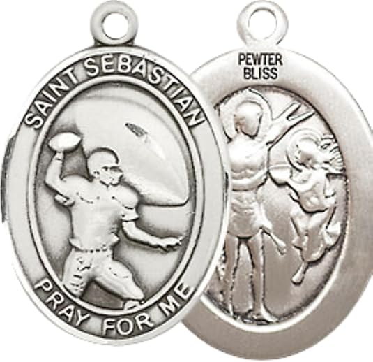 Medium Men's Pewter Saint St. Sebastian Football Medal Pendant on 24 Inch Endless Rhodium Plated Heavy Curb Brass Chain, Catholic Religious Necklace - Made in USA- Deluxe Velvet Gift Box