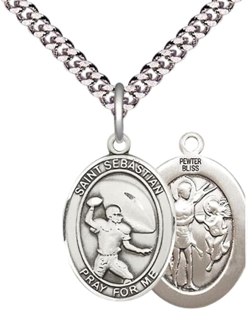 Medium Men's Pewter Saint St. Sebastian Football Medal Pendant on 24 Inch Endless Rhodium Plated Heavy Curb Brass Chain, Catholic Religious Necklace - Made in USA- Deluxe Velvet Gift Box