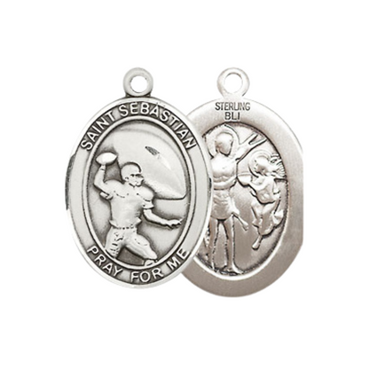 Everlasting Light Jewelry Medium Women's .925 Sterling Silver Saint St. Sebastian Football Pendant Necklace on 18- Inch Rhodium- Plated Lite Curb Brass Chain, Catholic Medal, Velvet Gift Box Included