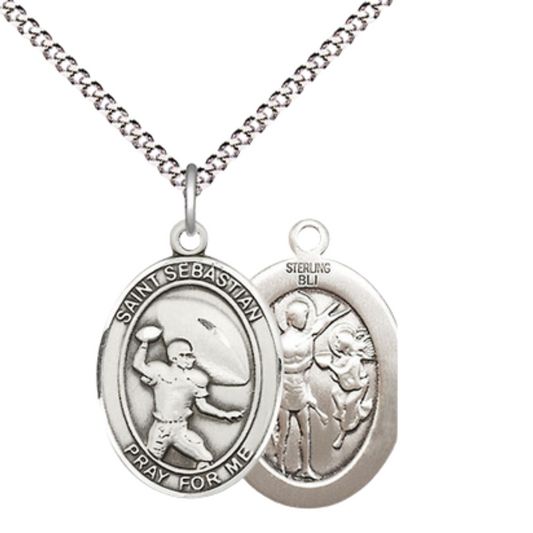 Everlasting Light Jewelry Medium Women's .925 Sterling Silver Saint St. Sebastian Football Pendant Necklace on 18- Inch Rhodium- Plated Lite Curb Brass Chain, Catholic Medal, Velvet Gift Box Included