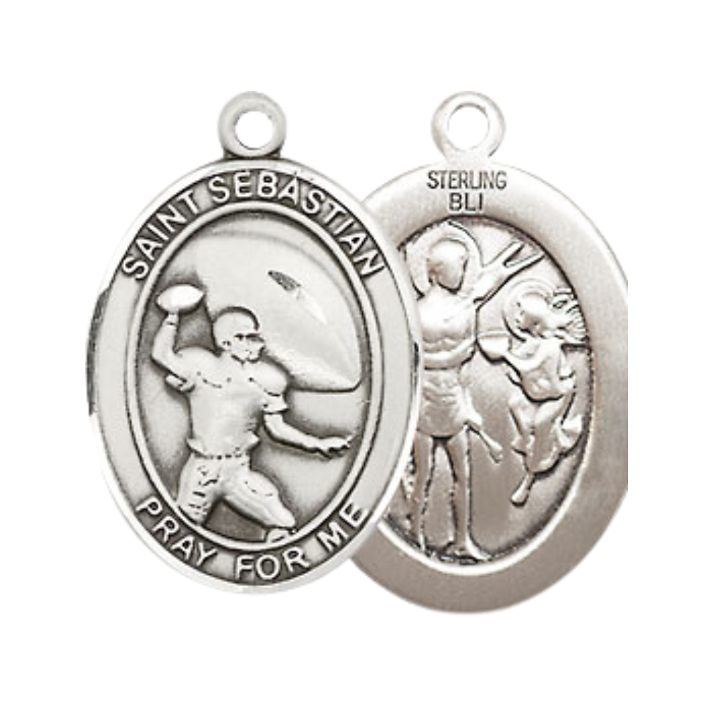 Medium Mens Oval Sterling Silver Saint Sebastian Football Medal Pendant on 24" Rhodium Plated Heavy Curb Brass Chain w/ Lobster Claw Clasp,Catholic Religious Necklace -Made in USA-Velvet Gift Box