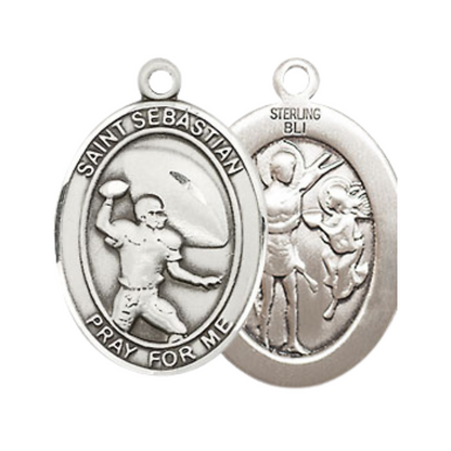 Medium Mens Oval Sterling Silver Saint Sebastian Football Medal Pendant on 24" Rhodium Plated Heavy Curb Brass Chain w/ Lobster Claw Clasp,Catholic Religious Necklace -Made in USA-Velvet Gift Box