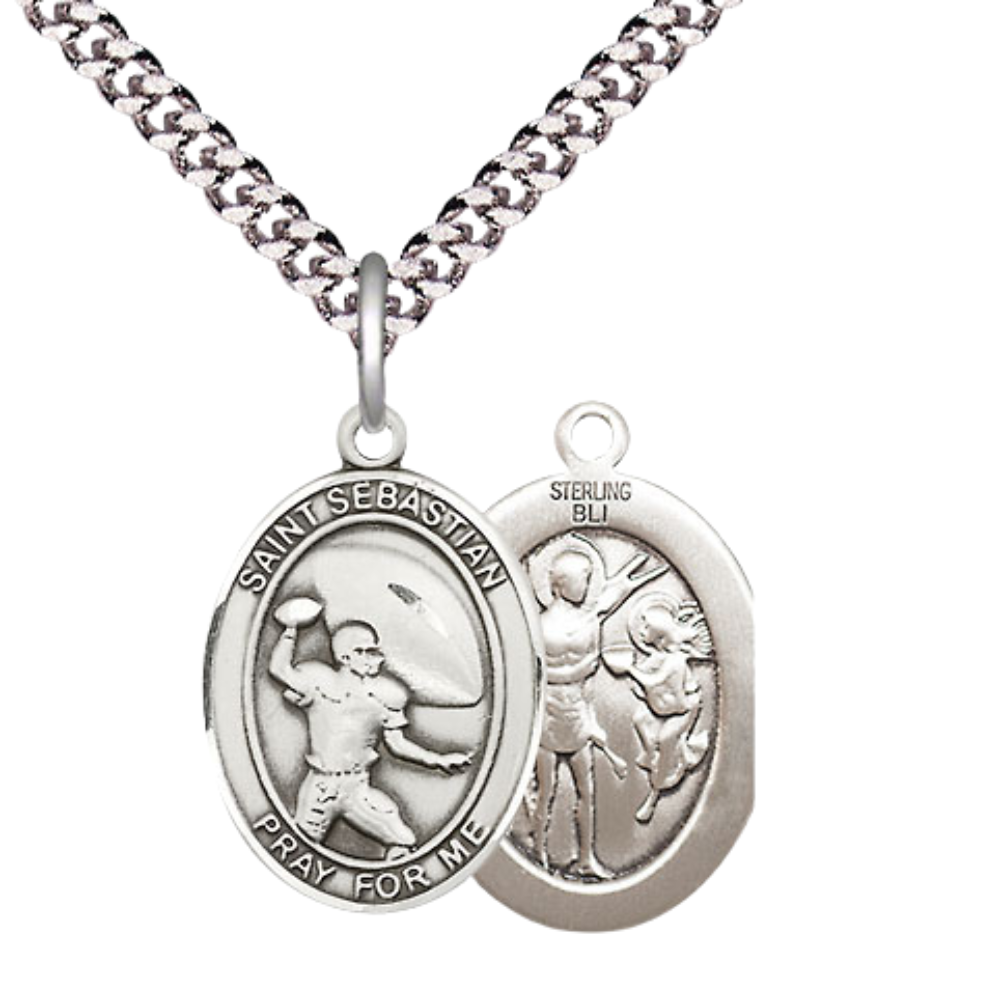 Medium Men's .925 Sterling Silver Saint St. Sebastian Football Medal Pendant on 24 Inch Endless Rhodium Plated Heavy Curb Brass Chain, Catholic Religious Necklace - Made in USA- Deluxe Velvet Gift Box
