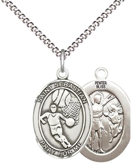 Medium Women's Pewter Saint St. Sebastian Basketball Pendant Necklace on 18- inch Rhodium- Plated Lite Curb Brass Chain – 3/4- inch Medal with Lobster Claw Clasp, Catholic Medal – Velvet Gift Box Included