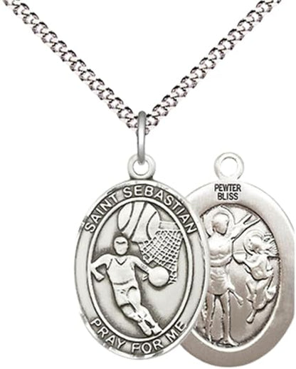 Medium Women's Pewter Saint St. Sebastian Basketball Pendant Necklace on 18- inch Rhodium- Plated Lite Curb Brass Chain – 3/4- inch Medal with Lobster Claw Clasp, Catholic Medal – Velvet Gift Box Included