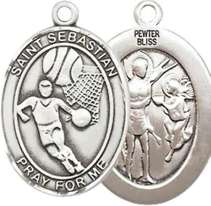 Medium Men's Pewter Saint St. Sebastian Basketball Medal Pendant on 24 Inch Endless Rhodium Plated Heavy Curb Brass Chain, Catholic Religious Necklace - Made in USA- Deluxe Velvet Gift Box