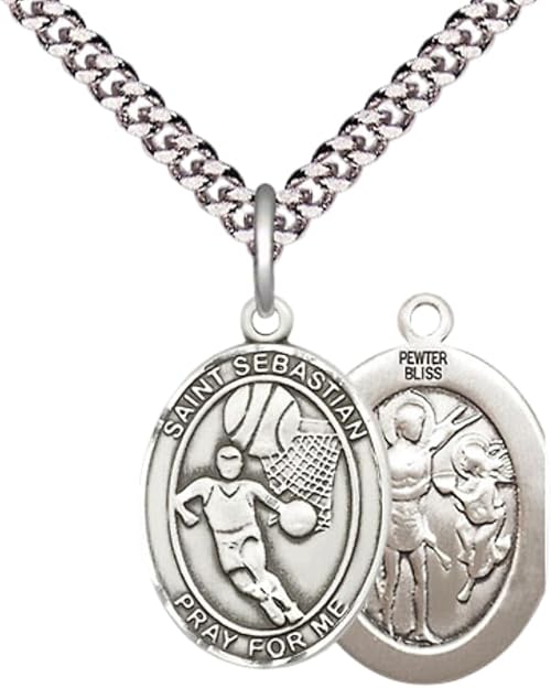 Medium Men's Pewter Saint St. Sebastian Basketball Medal Pendant on 24 Inch Endless Rhodium Plated Heavy Curb Brass Chain, Catholic Religious Necklace - Made in USA- Deluxe Velvet Gift Box