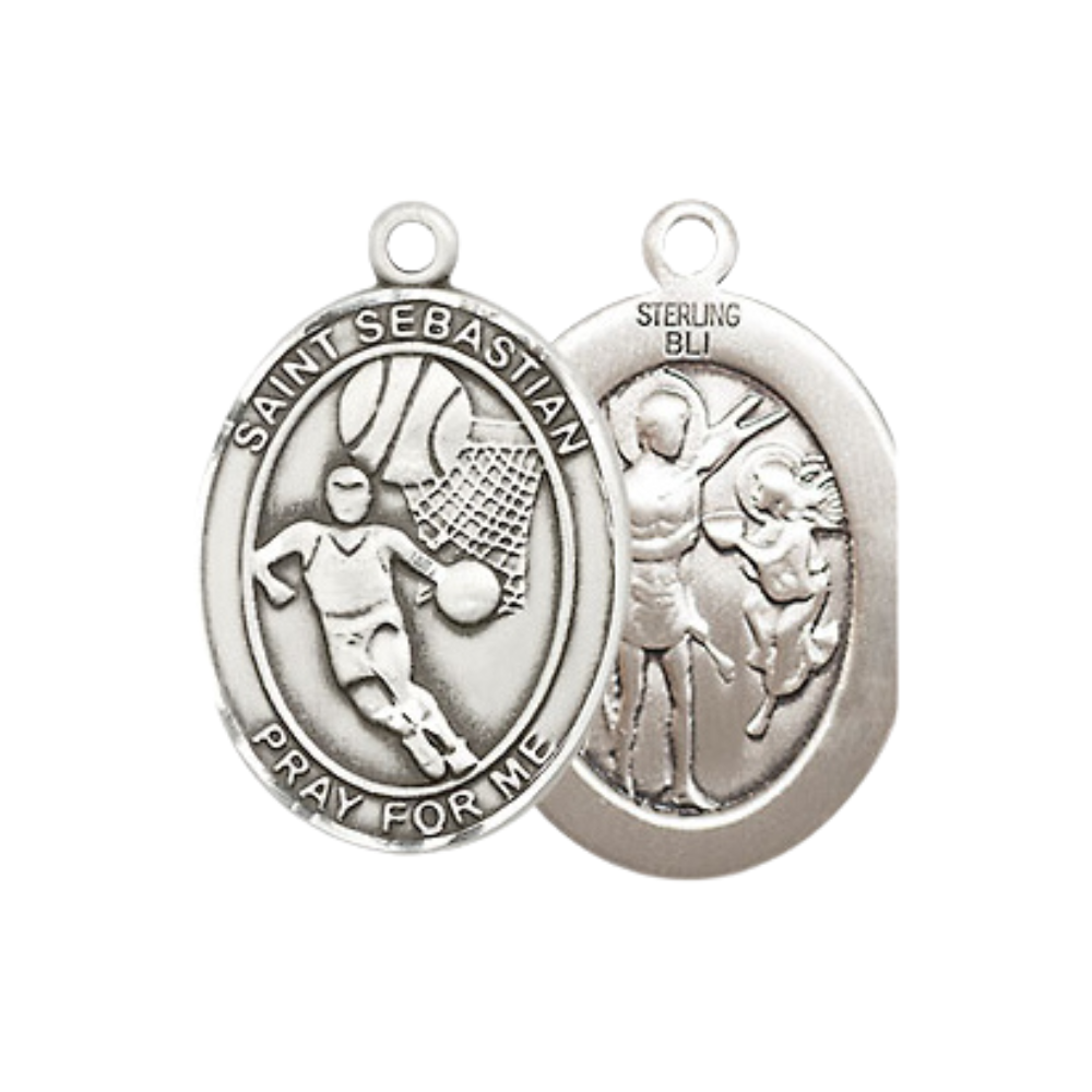 Everlasting Light Jewelry Medium Women's .925 Sterling Silver Saint St. Sebastian Basketball Pendant Necklace on 18- Inch Rhodium- Plated Lite Curb Brass Chain, Catholic Medal, Velvet Gift Box Included