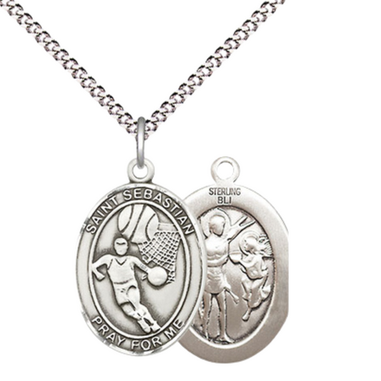 Everlasting Light Jewelry Medium Women's .925 Sterling Silver Saint St. Sebastian Basketball Pendant Necklace on 18- Inch Rhodium- Plated Lite Curb Brass Chain, Catholic Medal, Velvet Gift Box Included