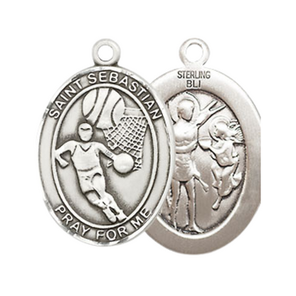 Medium Mens Oval .925 Sterling Silver Saint St. Sebastian Basketball Medal Pendant on 24 Inch Rhodium Plated Heavy Curb Brass Chain w/ Lobster Claw Clasp, Catholic Religious Necklace - Made in USA- Gift Boxed