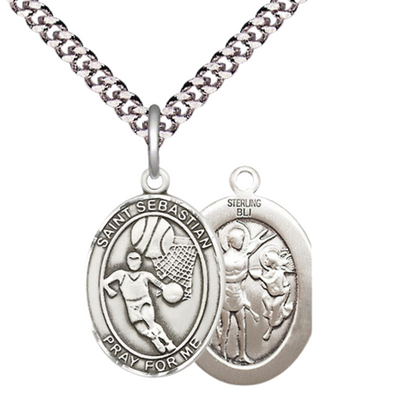 Medium Mens Oval .925 Sterling Silver Saint St. Sebastian Basketball Medal Pendant on 24 Inch Rhodium Plated Heavy Curb Brass Chain w/ Lobster Claw Clasp, Catholic Religious Necklace - Made in USA- Gift Boxed