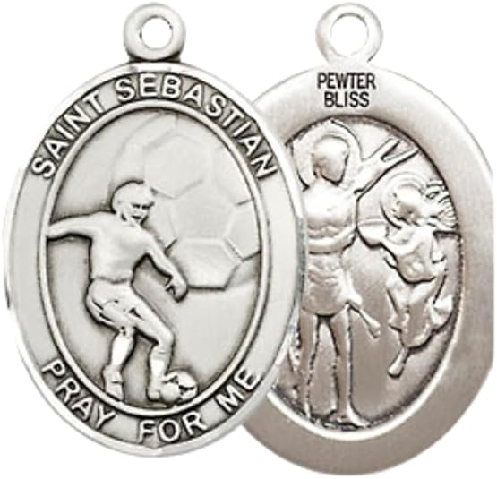 Everlasting Light Jewelry Medium Women's Pewter Saint St. Sebastian Soccer Pendant Necklace on 18- inch Rhodium- Plated Lite Curb Brass Chain – 3/4- inch Medal with Lobster Claw Clasp, Catholic Medal – Velvet Gift Box Included