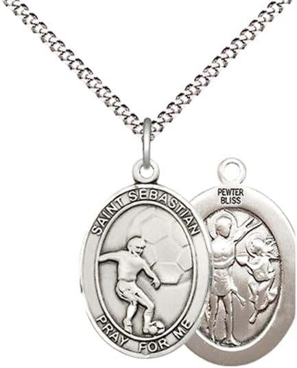 Everlasting Light Jewelry Medium Women's Pewter Saint St. Sebastian Soccer Pendant Necklace on 18- inch Rhodium- Plated Lite Curb Brass Chain – 3/4- inch Medal with Lobster Claw Clasp, Catholic Medal – Velvet Gift Box Included