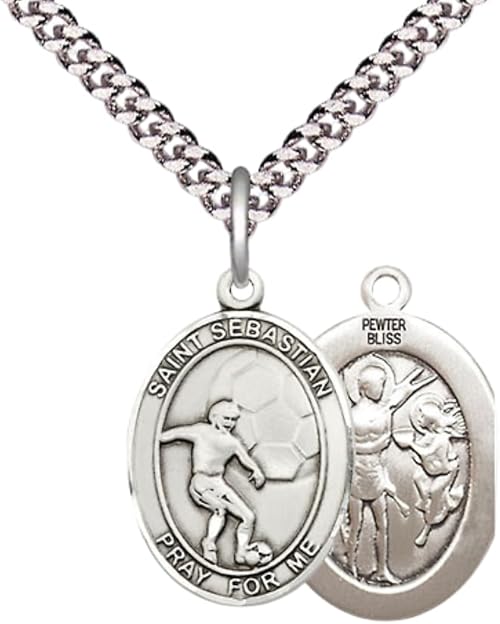 Medium Men's Pewter Saint St.Sebastian Soccer Medal Pendant on 24 Inch Endless Rhodium Plated Heavy Curb Brass Chain, Catholic Religious Necklace -Made in USA- Deluxe Velvet Gift Box