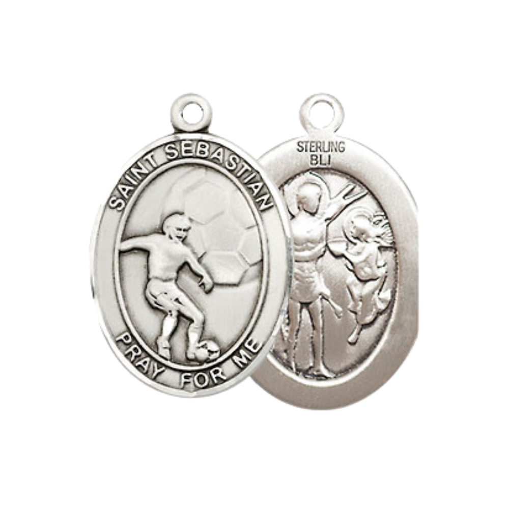 Everlasting Light Jewelry Medium Women's .925 Sterling Silver Saint St. Sebastian Soccer Pendant Necklace on 18- Inch Rhodium- Plated Lite Curb Brass Chain, Catholic Medal, Velvet Gift Box Included