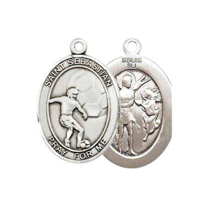 Everlasting Light Jewelry Medium Women's .925 Sterling Silver Saint St. Sebastian Soccer Pendant Necklace on 18- Inch Rhodium- Plated Lite Curb Brass Chain, Catholic Medal, Velvet Gift Box Included