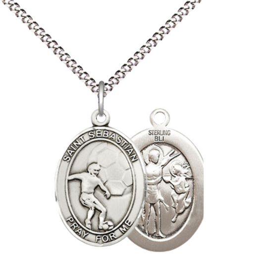 Everlasting Light Jewelry Medium Women's .925 Sterling Silver Saint St. Sebastian Soccer Pendant Necklace on 18- Inch Rhodium- Plated Lite Curb Brass Chain, Catholic Medal, Velvet Gift Box Included