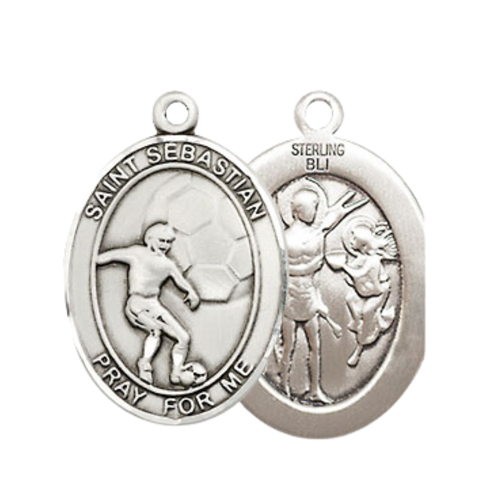 Medium Men's .925 Sterling Silver Saint St. Sebastian Soccer Medal Pendant on 24 Inch Endless Rhodium Plated Heavy Curb Brass Chain, Catholic Religious Necklace - Made in USA- Deluxe Velvet Gift Box