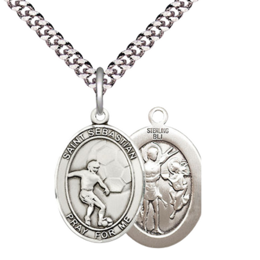 Medium Men's .925 Sterling Silver Saint St. Sebastian Soccer Medal Pendant on 24 Inch Endless Rhodium Plated Heavy Curb Brass Chain, Catholic Religious Necklace - Made in USA- Deluxe Velvet Gift Box
