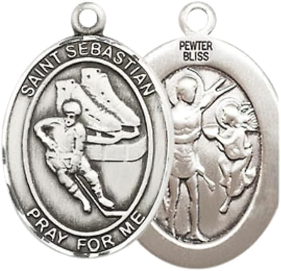 Everlasting Light Jewelry Medium Women's Pewter Saint St. Sebastian Hockey Pendant Necklace on 18- inch Rhodium- Plated Lite Curb Brass Chain – 3/4- inch Medal with Lobster Claw Clasp, Catholic Medal – Velvet Gift Box Included