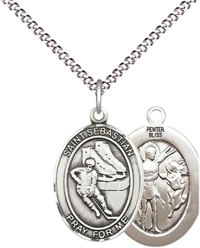 Everlasting Light Jewelry Medium Women's Pewter Saint St. Sebastian Hockey Pendant Necklace on 18- inch Rhodium- Plated Lite Curb Brass Chain – 3/4- inch Medal with Lobster Claw Clasp, Catholic Medal – Velvet Gift Box Included