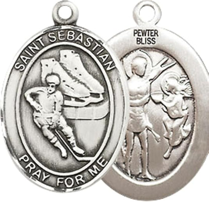 Medium Men's Pewter Saint St. Sebastian Hockey Medal Pendant on 24 Inch Endless Rhodium Plated Heavy Curb Brass Chain, Catholic Religious Necklace - Made in USA- Deluxe Velvet Gift Box