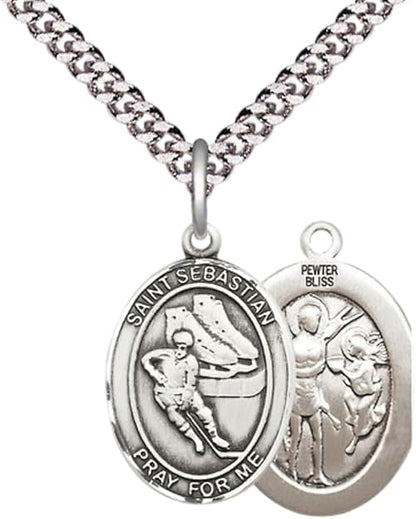 Medium Men's Pewter Saint St. Sebastian Hockey Medal Pendant on 24 Inch Endless Rhodium Plated Heavy Curb Brass Chain, Catholic Religious Necklace - Made in USA- Deluxe Velvet Gift Box