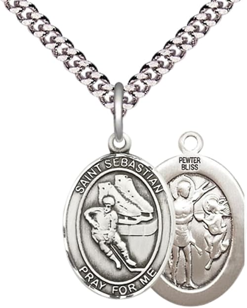 Medium Men's Pewter Saint St. Sebastian Hockey Medal Pendant on 24 Inch Endless Rhodium Plated Heavy Curb Brass Chain, Catholic Religious Necklace - Made in USA- Deluxe Velvet Gift Box
